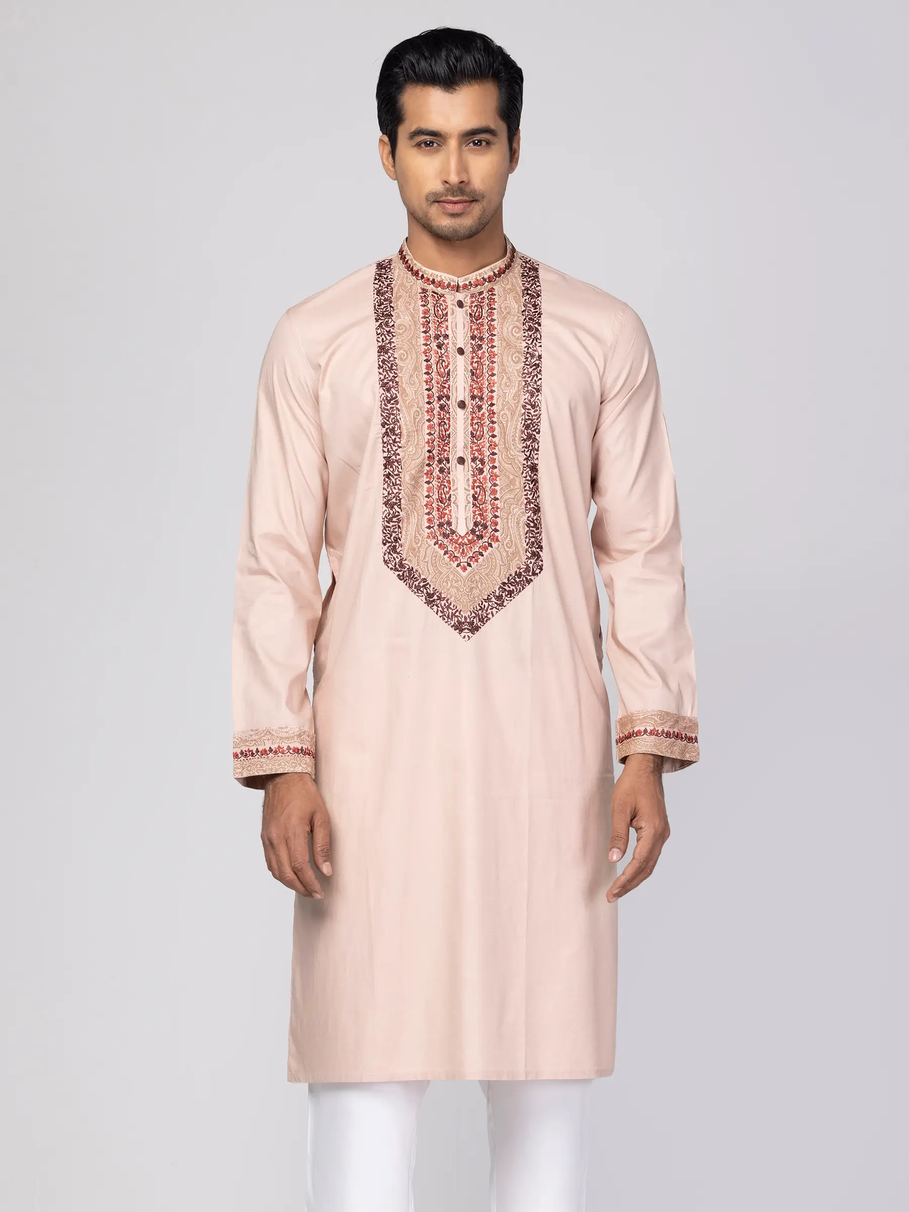 Rose Beige Printed and Embroidered Cotton Panjabi