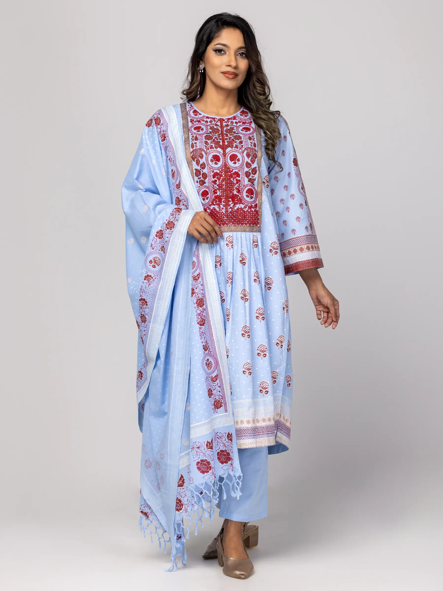 Sky Blue Printed and Embroidered Cotton Shalwar Kameez