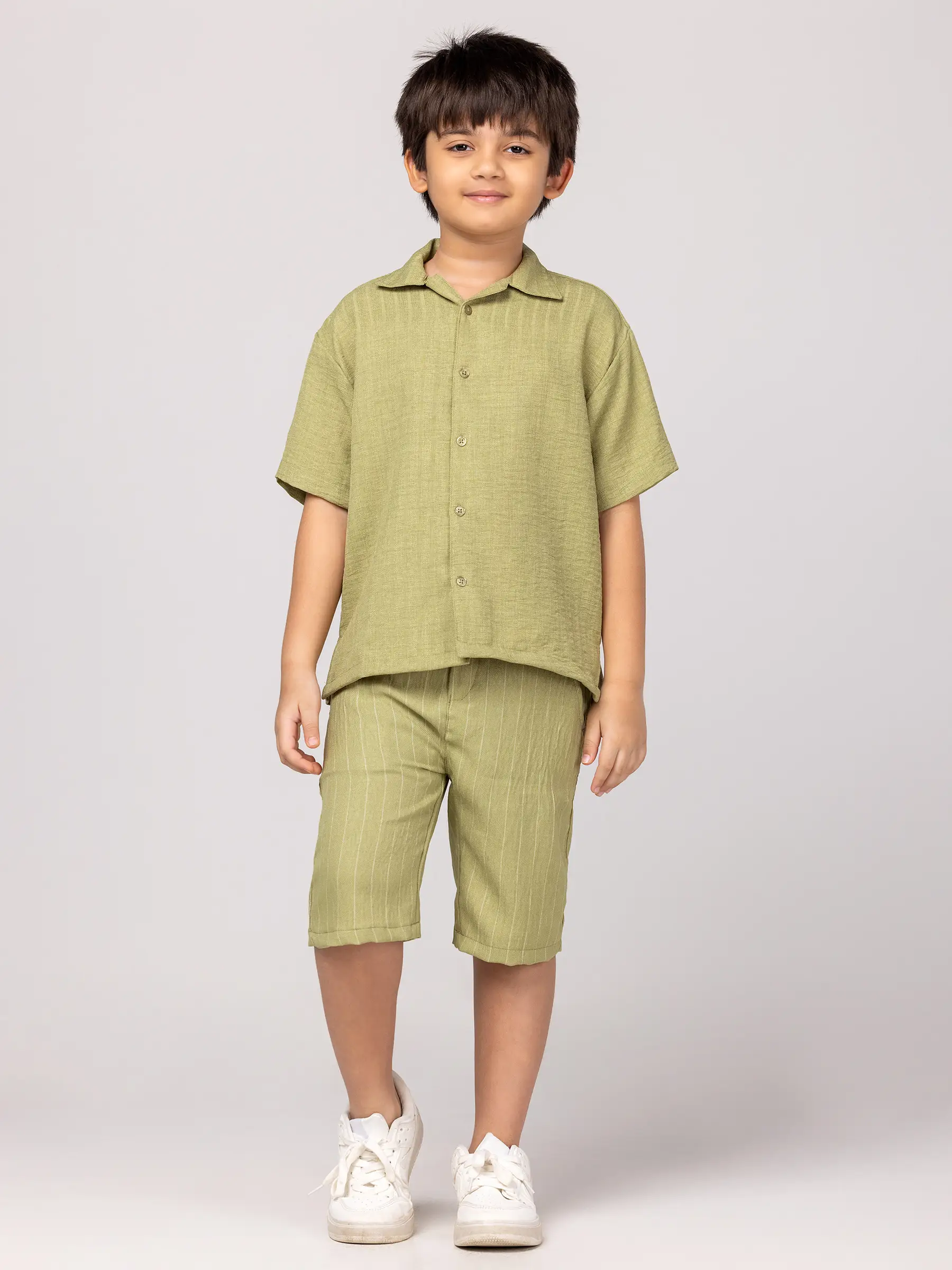 Light Olive Textured Cotton Shirt Pant Set