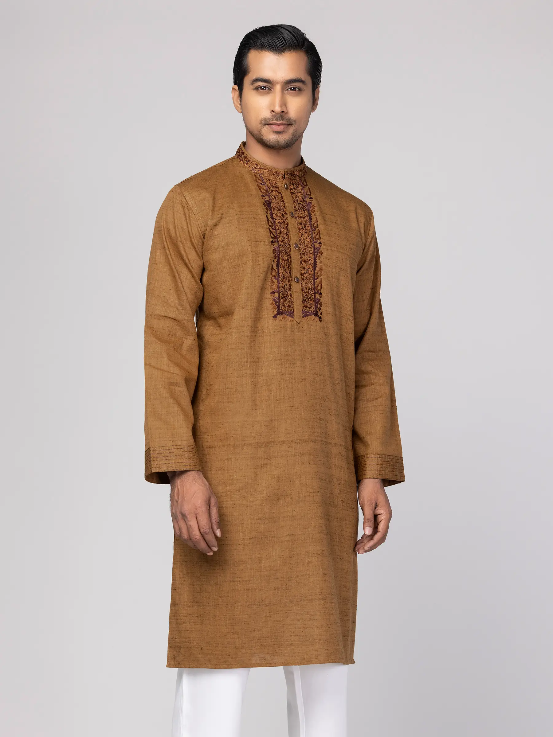 Dark Mustard Embroidered Endi Cotton Panjabi