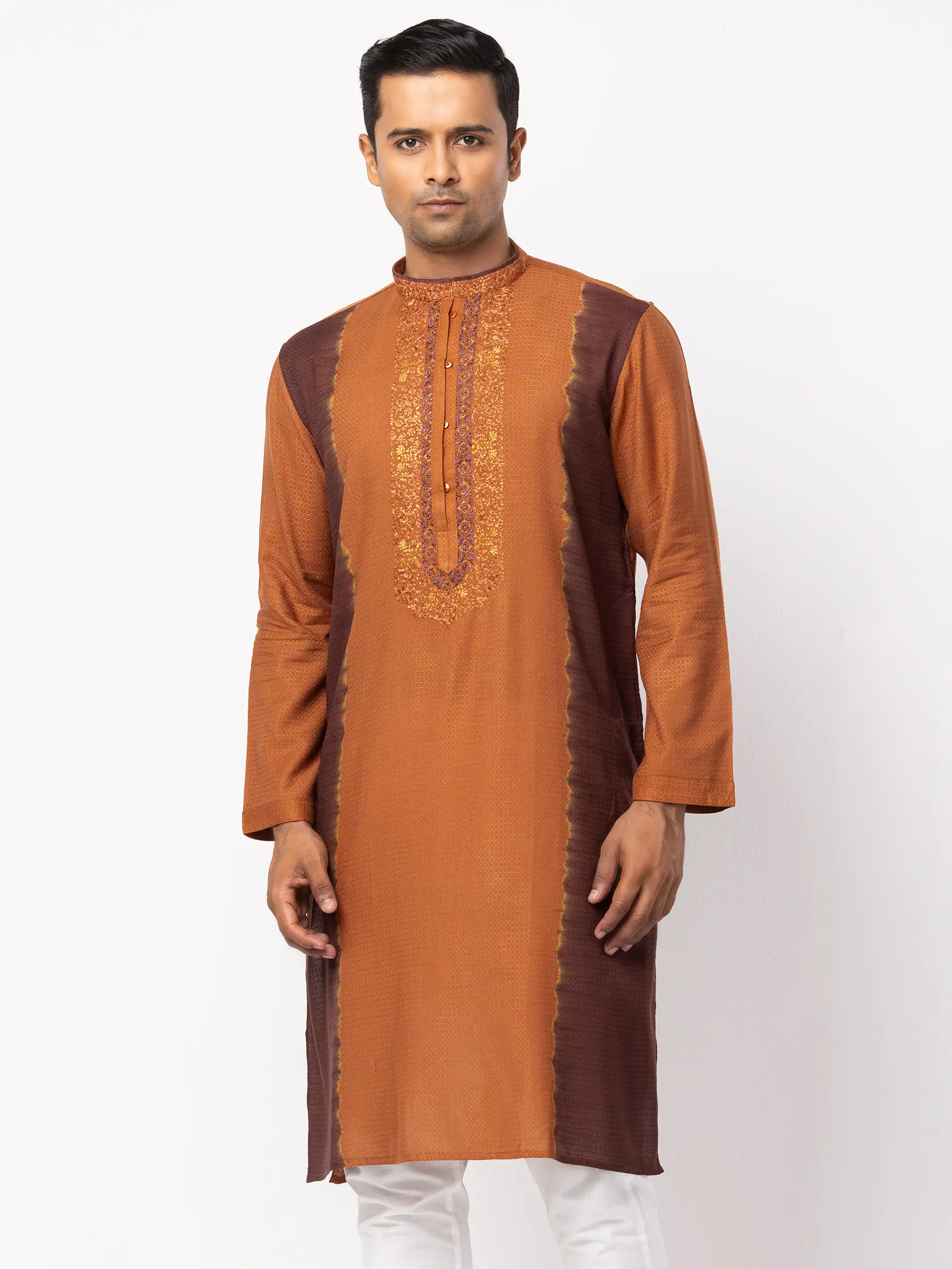 Brown Tie-Dyed and Embroidered Cotton Panjabi